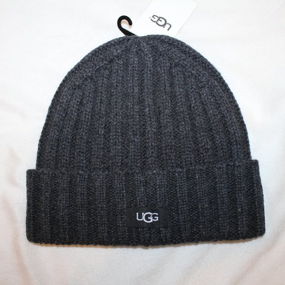 NWT UNISEX WOOL BEANIE LOGO HAT CHARCOAL GRAY‎ MEN WOMEN - Picture 1 of 4